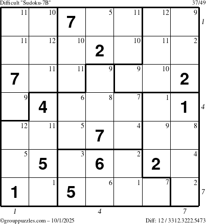 The grouppuzzles.com Difficult Sudoku-7B puzzle for Wednesday October 1, 2025 with all 12 steps marked