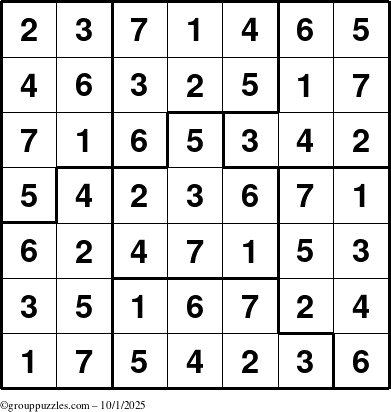 The grouppuzzles.com Answer grid for the Sudoku-7B puzzle for Wednesday October 1, 2025