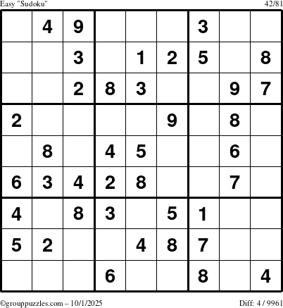 The grouppuzzles.com Easy Sudoku puzzle for Wednesday October 1, 2025