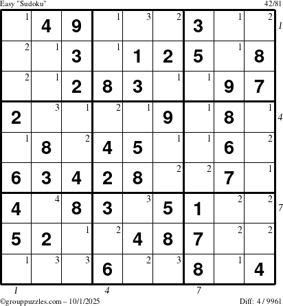 The grouppuzzles.com Easy Sudoku puzzle for Wednesday October 1, 2025 with all 4 steps marked
