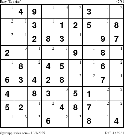 The grouppuzzles.com Easy Sudoku puzzle for Wednesday October 1, 2025 with the first 3 steps marked
