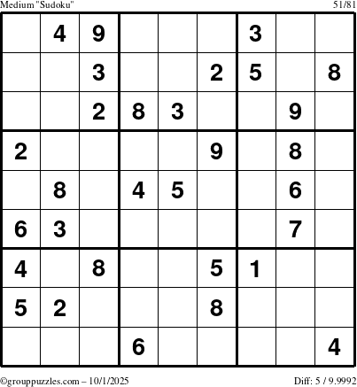 The grouppuzzles.com Medium Sudoku puzzle for Wednesday October 1, 2025