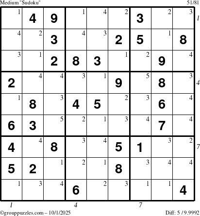 The grouppuzzles.com Medium Sudoku puzzle for Wednesday October 1, 2025 with all 5 steps marked
