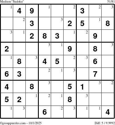 The grouppuzzles.com Medium Sudoku puzzle for Wednesday October 1, 2025 with the first 3 steps marked