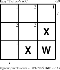 The grouppuzzles.com Easy TicTac-VWX puzzle for Wednesday October 1, 2025 with all 2 steps marked