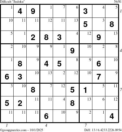 The grouppuzzles.com Difficult Sudoku puzzle for Wednesday October 1, 2025, suitable for printing, with all 13 steps marked