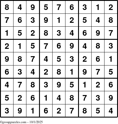 The grouppuzzles.com Answer grid for the Sudoku puzzle for Wednesday October 1, 2025