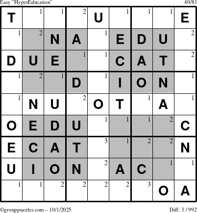 The grouppuzzles.com Easy HyperEducation-i23 puzzle for Wednesday October 1, 2025 with the first 3 steps marked