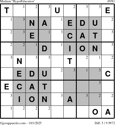 The grouppuzzles.com Medium HyperEducation-i23 puzzle for Wednesday October 1, 2025 with the first 3 steps marked