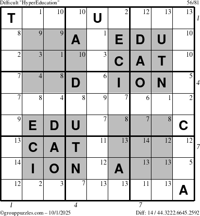 The grouppuzzles.com Difficult HyperEducation-i23 puzzle for Wednesday October 1, 2025 with all 14 steps marked