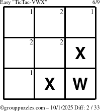 The grouppuzzles.com Easy TicTac-VWX puzzle for Wednesday October 1, 2025 with the first 2 steps marked