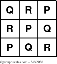 The grouppuzzles.com Answer grid for the TicTac-PQR puzzle for Friday March 6, 2026