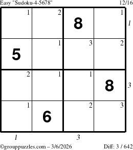 The grouppuzzles.com Easy Sudoku-4-5678 puzzle for Friday March 6, 2026, suitable for printing, with all 3 steps marked