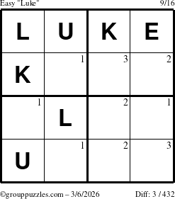 The grouppuzzles.com Easy Luke puzzle for Friday March 6, 2026 with the first 3 steps marked