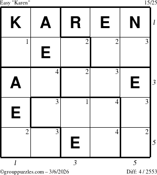 The grouppuzzles.com Easy Karen puzzle for Friday March 6, 2026, suitable for printing, with all 4 steps marked
