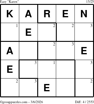 The grouppuzzles.com Easy Karen puzzle for Friday March 6, 2026 with the first 3 steps marked