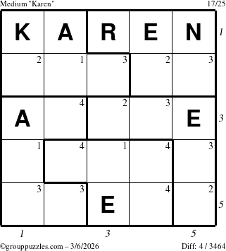 The grouppuzzles.com Medium Karen puzzle for Friday March 6, 2026, suitable for printing, with all 4 steps marked