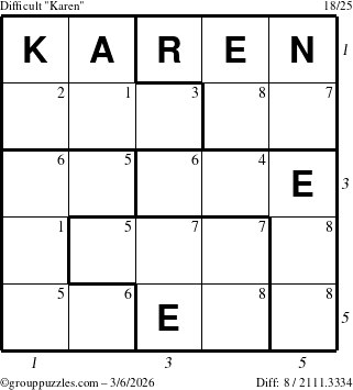 The grouppuzzles.com Difficult Karen puzzle for Friday March 6, 2026 with all 8 steps marked