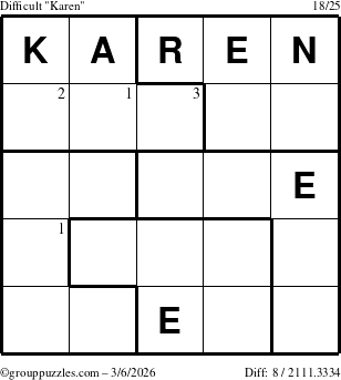The grouppuzzles.com Difficult Karen puzzle for Friday March 6, 2026 with the first 3 steps marked