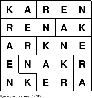 The grouppuzzles.com Answer grid for the Karen puzzle for Friday March 6, 2026