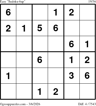 The grouppuzzles.com Easy Sudoku-6up puzzle for Friday March 6, 2026