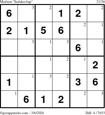 The grouppuzzles.com Medium Sudoku-6up puzzle for Friday March 6, 2026 with the first 3 steps marked