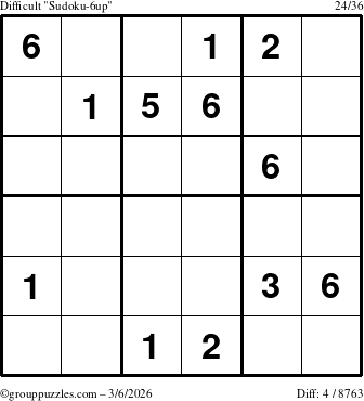 The grouppuzzles.com Difficult Sudoku-6up puzzle for Friday March 6, 2026