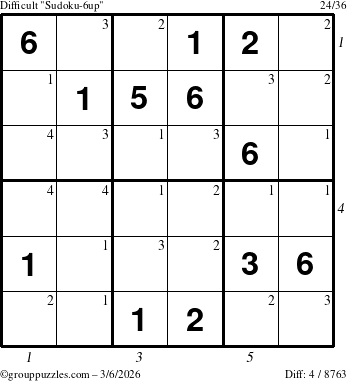 The grouppuzzles.com Difficult Sudoku-6up puzzle for Friday March 6, 2026 with all 4 steps marked