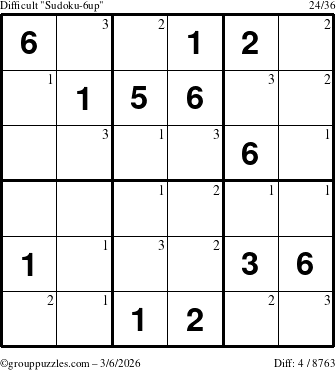 The grouppuzzles.com Difficult Sudoku-6up puzzle for Friday March 6, 2026 with the first 3 steps marked