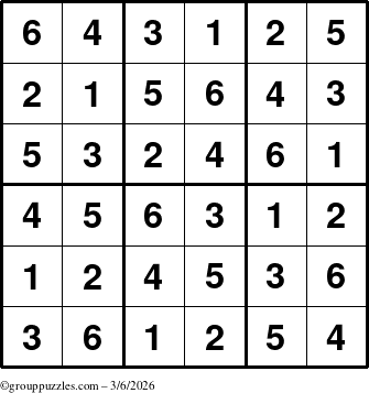 The grouppuzzles.com Answer grid for the Sudoku-6up puzzle for Friday March 6, 2026