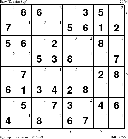 The grouppuzzles.com Easy Sudoku-8up puzzle for Friday March 6, 2026, suitable for printing, with all 3 steps marked