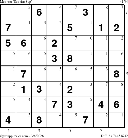 The grouppuzzles.com Medium Sudoku-8up puzzle for Friday March 6, 2026, suitable for printing, with all 8 steps marked