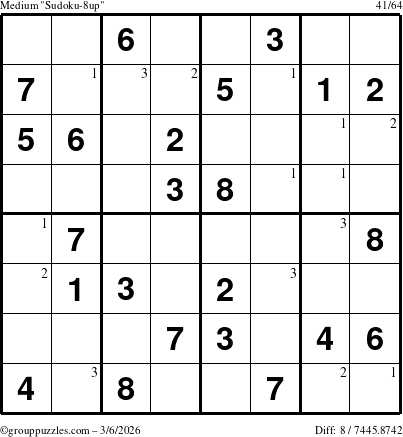 The grouppuzzles.com Medium Sudoku-8up puzzle for Friday March 6, 2026 with the first 3 steps marked