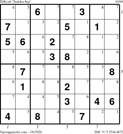 The grouppuzzles.com Difficult Sudoku-8up puzzle for Friday March 6, 2026 with all 9 steps marked