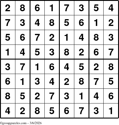 The grouppuzzles.com Answer grid for the Sudoku-8up puzzle for Friday March 6, 2026