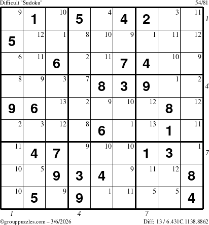 The grouppuzzles.com Difficult Sudoku puzzle for Friday March 6, 2026 with all 13 steps marked
