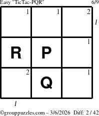 The grouppuzzles.com Easy TicTac-PQR puzzle for Friday March 6, 2026 with all 2 steps marked