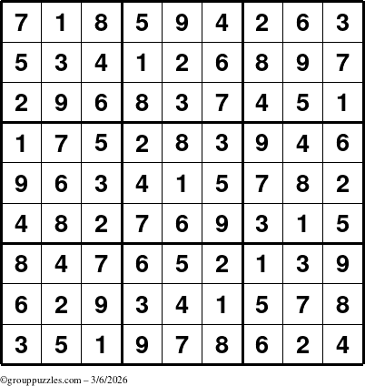 The grouppuzzles.com Answer grid for the Sudoku puzzle for Friday March 6, 2026