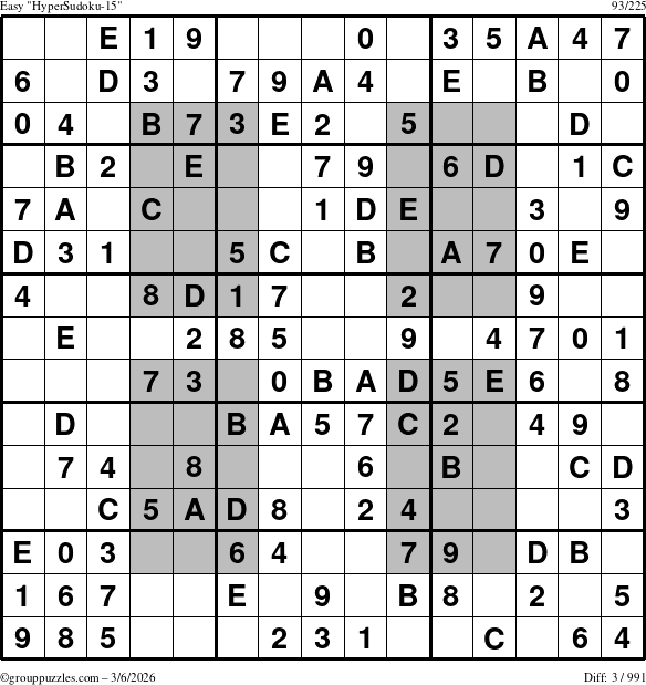 The grouppuzzles.com Easy HyperSudoku-15 puzzle for Friday March 6, 2026