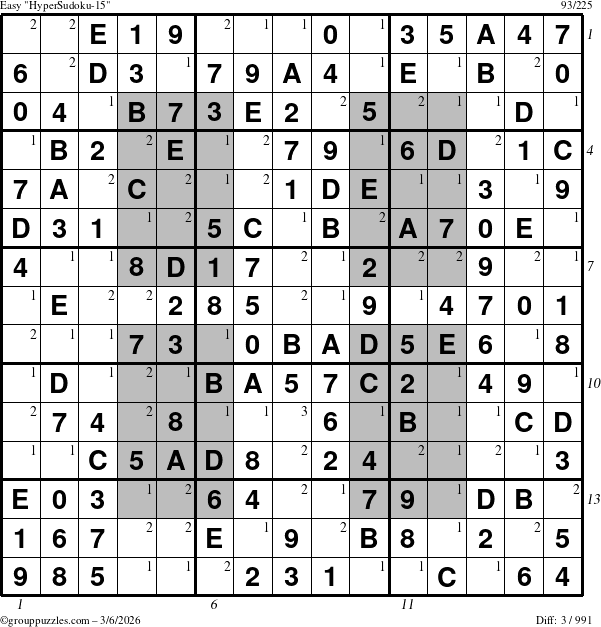 The grouppuzzles.com Easy HyperSudoku-15 puzzle for Friday March 6, 2026 with all 3 steps marked