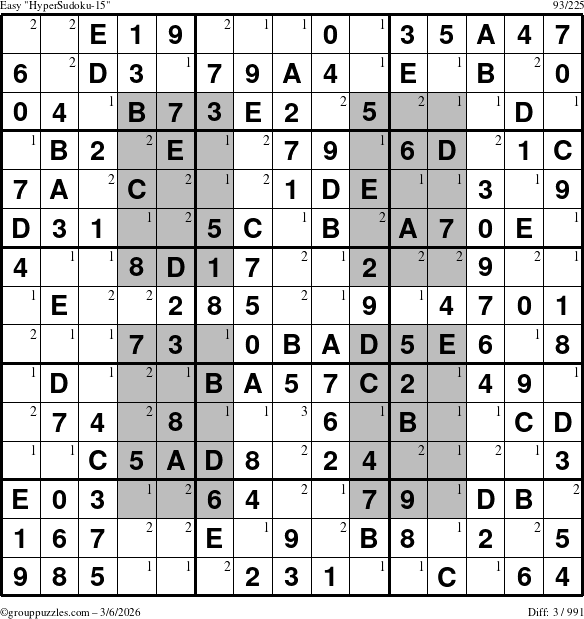 The grouppuzzles.com Easy HyperSudoku-15 puzzle for Friday March 6, 2026 with the first 3 steps marked