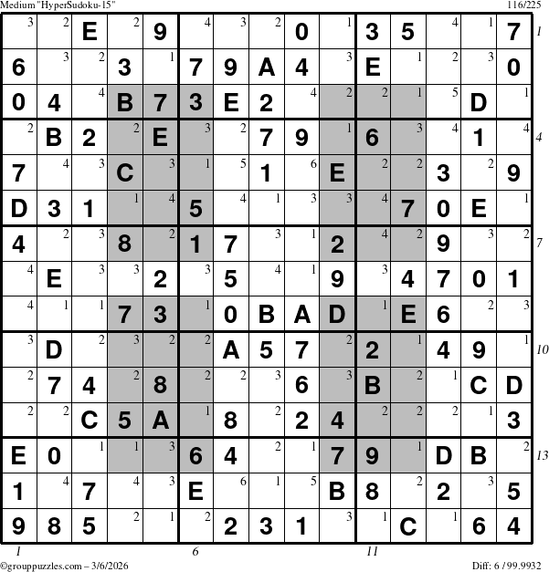The grouppuzzles.com Medium HyperSudoku-15 puzzle for Friday March 6, 2026, suitable for printing, with all 6 steps marked