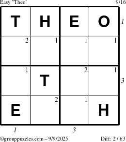 The grouppuzzles.com Easy Theo puzzle for Tuesday September 9, 2025 with all 2 steps marked