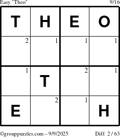 The grouppuzzles.com Easy Theo puzzle for Tuesday September 9, 2025 with the first 2 steps marked