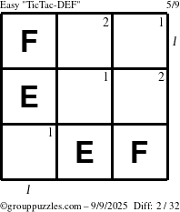 The grouppuzzles.com Easy TicTac-DEF puzzle for Tuesday September 9, 2025 with all 2 steps marked