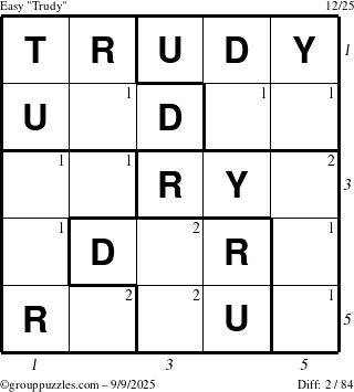 The grouppuzzles.com Easy Trudy puzzle for Tuesday September 9, 2025 with all 2 steps marked