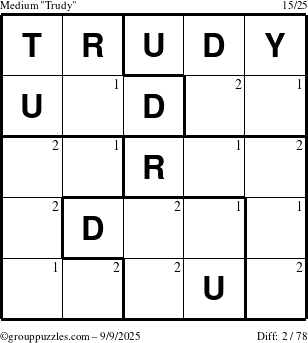 The grouppuzzles.com Medium Trudy puzzle for Tuesday September 9, 2025 with the first 2 steps marked