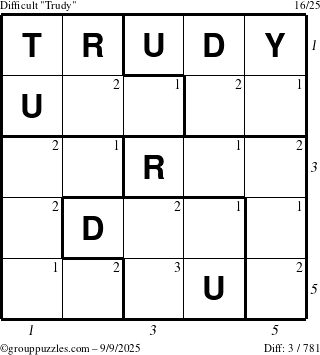 The grouppuzzles.com Difficult Trudy puzzle for Tuesday September 9, 2025, suitable for printing, with all 3 steps marked