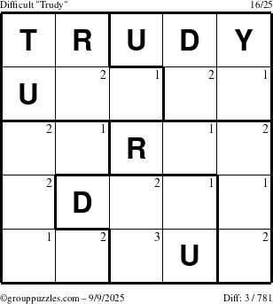 The grouppuzzles.com Difficult Trudy puzzle for Tuesday September 9, 2025 with the first 3 steps marked