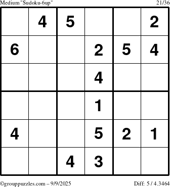 The grouppuzzles.com Medium Sudoku-6up puzzle for Tuesday September 9, 2025
